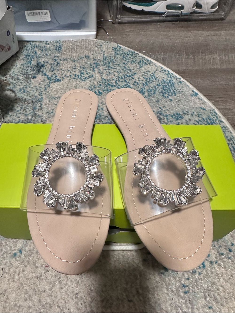 Gianni Bini Nude Slide Sandals with Clear Strap and Silver Crystal Medallion
